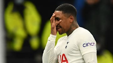 Tottenham Hotspur's Dutch midfielder Steven Bergwijn celebrates after scoring the opening goal of the English League Cup quarter-final football match between Tottenham Hotspur and West Ham United at Tottenham Hotspur Stadium in London, on December 22, 2021. - - RESTRICTED TO EDITORIAL USE. No use with unauthorized audio, video, data, fixture lists, club/league logos or 'live' services. Online in-match use limited to 120 images. An additional 40 images may be used in extra time. No video emulation. Social media in-match use limited to 120 images. An additional 40 images may be used in extra time. No use in betting publications, games or single club/league/player publications. (Photo by Ben STANSALL / AFP) / RESTRICTED TO EDITORIAL USE. No use with unauthorized audio, video, data, fixture lists, club/league logos or 'live' services. Online in-match use limited to 120 images. An additional 40 images may be used in extra time. No video emulation. Social media in-match use limited to 120 images. An additional 40 images may be used in extra time. No use in betting publications, games or single club/league/player publications. / RESTRICTED TO EDITORIAL USE. No use with unauthorized audio, video, data, fixture lists, club/league logos or 'live' services. Online in-match use limited to 120 images. An additional 40 images may be used in extra time. No video emulation. Social media in-match use limited to 120 images. An additional 40 images may be used in extra time. No use in betting publications, games or single club/league/player publications. (Photo by BEN STANSALL/AFP via Getty Images)