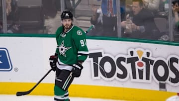 Feb 13, 2016; Dallas, TX, USA; Dallas Stars center Tyler Seguin (91) celebrates a goal against the Washington Capitals at the American Airlines Center. The Stars defeat the Capitals 4-3. Mandatory Credit: Jerome Miron-USA TODAY Sports