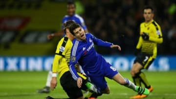 WATFORD, ENGLAND - FEBRUARY 03: Oscar of Chelsea is brought down by Sebastian Prodl of Watford during the Barclays Premier League match between Watford and Chelsea at Vicarage Road on February 3, 2016 in Watford, England. (Photo by Richard Heathcote/Getty Images)