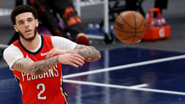 WASHINGTON, DC - APRIL 16: Lonzo Ball #2 of the New Orleans Pelicans passes the ball against the Washington Wizards in the second half at Capital One Arena on April 16, 2021 in Washington, DC. NOTE TO USER: User expressly acknowledges and agrees that, by downloading and or using this photograph, User is consenting to the terms and conditions of the Getty Images License Agreement. (Photo by Rob Carr/Getty Images)