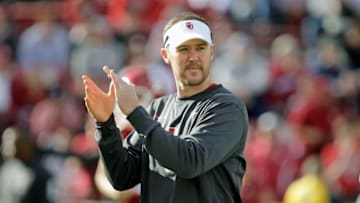 NORMAN, OK - NOVEMBER 25: Head Coach Lincoln Riley of Oklahoma Sooners during warm ups before the game against the West Virginia Mountaineers at Gaylord Family Oklahoma Memorial Stadium on November 25, 2017 in Norman, Oklahoma. Oklahoma defeated West Virginia 59-31. (Photo by Brett Deering/Getty Images)