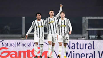 ALLIANZ STADIUM, TURIN, ITALY - 2021/02/06: Cristiano Ronaldo (C) of Juventus FC celebrates with Weston McKennie (L) and Federico Chiesa (R) of Juventus FC after scoring a goal during the Serie A football match between Juventus FC and AS Roma. Juventus FC won 2-0 over AS Roma. (Photo by Nicolò Campo/LightRocket via Getty Images)