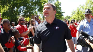 Apr 16, 2016; Athens, GA, USA; Georgia Bulldogs head coach Kirby Smart greets fans during the Dawg Walk before the spring game at Sanford Stadium. Mandatory Credit: Brett Davis-USA TODAY Sports