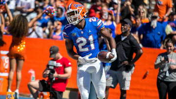 Florida Gators running back Lorenzo Lingard (21) celebrates a TD during second half action as Florida takes on Eastern Washington at Steve Spurrier Field at Ben Hill Griffin Stadium in Gainesville, FL on Sunday, October 2, 2022. [Alan Youngblood/Gainesville Sun]Ncaa Football Florida Gators Vs Eastern Washington Eagles