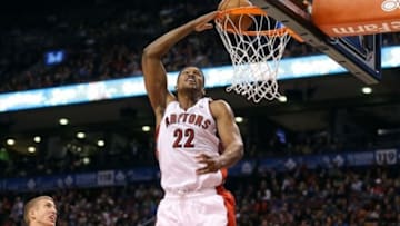 Nov 26, 2013; Toronto, Ontario, CAN; Toronto Raptors forward Rudy Gay (22) misses an attempted alley-oop against the Brooklyn Nets at Air Canada Centre. The Nets beat the Raptors 102-100. Mandatory Credit: Tom Szczerbowski-USA TODAY Sports