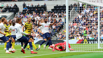 LONDON, ENGLAND - AUGUST 29: Heung-Min Son of Tottenham Hotspur scores his teams first goal during the Premier League match between Tottenham Hotspur and Watford at Tottenham Hotspur Stadium on August 29, 2021 in London, England. (Photo by Chloe Knott - Danehouse/Getty Images)