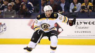 Feb 16, 2016; Columbus, OH, USA; Boston Bruins left wing Brad Marchand (63) against the Columbus Blue Jackets at Nationwide Arena. The Bruins won 2-1 in overtime. Mandatory Credit: Aaron Doster-USA TODAY Sports