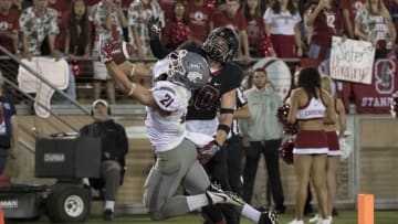 October 8, 2016; Stanford, CA, USA; Washington State Cougars wide receiver River Cracraft (21) catches a touchdown pass against Stanford Cardinal safety Zach Hoffpauir (10) during the fourth quarter at Stanford Stadium. Mandatory Credit: Kyle Terada-USA TODAY Sports