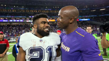 Dec 1, 2016; Minneapolis, MN, USA; Dallas Cowboys running back Ezekiel Elliott (21) and Minnesota Vikings running back Adrian Peterson (28) talk after the game at U.S. Bank Stadium. The Dallas Cowboys beat the Minnesota Vikings 17-15. Mandatory Credit: Brad Rempel-USA TODAY Sports