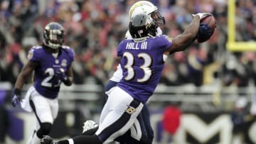 Nov 1, 2015; Baltimore, MD, USA; Baltimore Ravens safety Will Hill III (33) knocks the ball away from San Diego Chargers tight end Antonio Gates (85) at M&T Bank Stadium. Mandatory Credit: Evan Habeeb-USA TODAY Sports