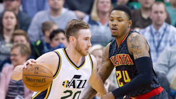 Mar 8, 2016; Salt Lake City, UT, USA; Atlanta Hawks forward Kent Bazemore (24) defends against Utah Jazz forward Gordon Hayward (20) during the second half at Vivint Smart Home Arena. Atlanta won 91-84. Mandatory Credit: Russ Isabella-USA TODAY Sports
