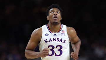 NEW ORLEANS, LOUISIANA - APRIL 02: David McCormack #33 of the Kansas Jayhawks looks on in the second half of the game against the Villanova Wildcats during the 2022 NCAA Men's Basketball Tournament Final Four semifinal at Caesars Superdome on April 02, 2022 in New Orleans, Louisiana. (Photo by Tom Pennington/Getty Images)