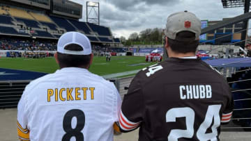 Pittsburgh Steelers and Cleveland Browns attire was a common sight at Sunday's USFL regular season opener at Tom Benson Hall of Fame Stadium in Canton.Usfl Fans Pittsburgh And Cleveland Main