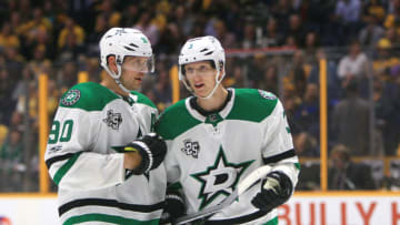 NASHVILLE, TN - OCTOBER 12: Dallas Stars center Jason Spezza (90) and Dallas Stars defenseman John Klingberg (3) are shown during the NHL game between the Dallas Stars and the Nashville Predators, held on October 12, 2017, at Bridgestone Arena in Nashville, Tennessee. (Photo by Danny Murphy/Icon Sportswire via Getty Images)