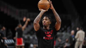 Mar 14, 2022; Atlanta, Georgia, USA; Atlanta Hawks guard Delon Wright (0) warms up on the court prior to the game against the Portland Trail Blazers at State Farm Arena. Mandatory Credit: Dale Zanine-USA TODAY Sports