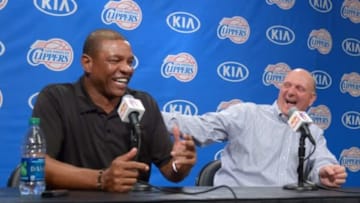 Aug 18, 2014; Los Angeles, CA, USA; Los Angeles Clippers coach Doc Rivers (left) and owner Steve Ballmer at press conference at Staples Center. Mandatory Credit: Kirby Lee-USA TODAY Sports