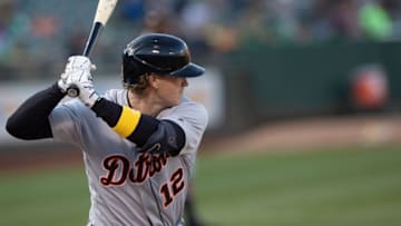 OAKLAND, CA - SEPTEMBER 07: Brandon Dixon #12 of the Detroit Tigers at bat against the Oakland Athletics during the first inning at the RingCentral Coliseum on September 7, 2019 in Oakland, California. The Oakland Athletics defeated the Detroit Tigers 10-2. (Photo by Jason O. Watson/Getty Images)