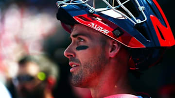 Apr 17, 2016; St. Louis, MO, USA; St. Louis Cardinals catcher Eric Fryer (59) looks on during the first inning against the Cincinnati Reds at Busch Stadium. The Cardinals won 4-3. Mandatory Credit: Jeff Curry-USA TODAY Sports