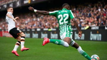 VALENCIA, SPAIN - FEBRUARY 29: Emerson Royal of Real Betis in action during the Liga match between Valencia CF and Real Betis Balompie at Estadio Mestalla on February 29, 2020 in Valencia, Spain. (Photo by Manuel Queimadelos/Quality Sport Images/Getty Images)