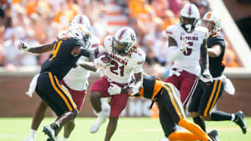 South Carolina running back Juju McDowell (21) escapes a few tackles during a NCAA football game between the Tennessee Volunteers and the South Carolina Gamecocks at Neyland Stadium in Knoxville, Tenn. on Saturday, Oct. 9, 2021.Kns Tennessee South Carolina Football Bp