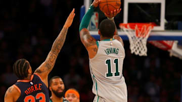 NEW YORK, NY - FEBRUARY 24: (NEW YORK DAILIES OUT) Kyrie Irving #11 of the Boston Celtics in action against the New York Knicks at Madison Square Garden on February 24, 2018 in New York City. The Celtics defeated the Knicks 121-112. NOTE TO USER: User expressly acknowledges and agrees that, by downloading and/or using this Photograph, user is consenting to the terms and conditions of the Getty Images License Agreement. (Photo by Jim McIsaac/Getty Images)