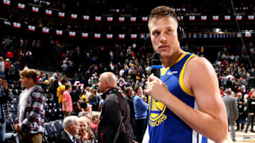 SALT LAKE CITY, UT - OCTOBER 19: Jonas Jerebko #21 of the Golden State Warriors talks with media after the game against the Utah Jazz on October 19, 2018 at Vivint Smart Home Arena in Salt Lake City, Utah. NOTE TO USER: User expressly acknowledges and agrees that, by downloading and/or using this Photograph, user is consenting to the terms and conditions of the Getty Images License Agreement. Mandatory Copyright Notice: Copyright 2018 NBAE (Photo by Garrett Ellwood/NBAE via Getty Images)
