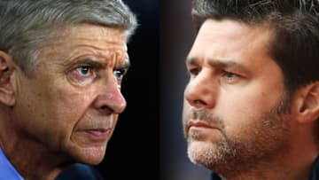 FILE PHOTO (EDITORS NOTE: GRADIENT ADDED - COMPOSITE OF TWO IMAGES - Image numbers (L) 502540908 and 601783502) In this composite image a comparision has been made between Arsene Wenger manager of Arsenal and Mauricio Pochettino, Manager of Tottenham Hotspur. Arsenal and Tottenham Hotspur meet on November 18, 2017 in a Premier League match at the Emirates Stadium in London. ***LEFT IMAGE*** SOUTHAMPTON, ENGLAND - DECEMBER 26: Arsene Wenger manager of Arsenal during the Barclays Premier League match between Southampton and Arsenal at St Mary's Stadium on December 26, 2015 in Southampton, England. (Photo by Christopher Lee/Getty Images) ***RIGHT IMAGE*** STOKE ON TRENT, ENGLAND - SEPTEMBER 10: Mauricio Pochettino, Manager of Tottenham Hotspur looks on during the Premier League match between Stoke City and Tottenham Hotspur at Britannia Stadium on September 10, 2016 in Stoke on Trent, England. (Photo by Laurence Griffiths/Getty Images)