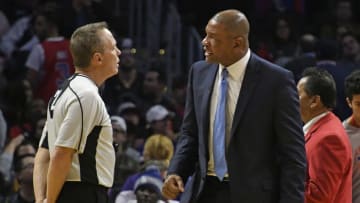Dec 7, 2016; Los Angeles, CA, USA; LA Clippers head coach Doc Rivers talks to an official in the fourth quarter at Staples Center. Mandatory Credit: Richard Mackson-USA TODAY Sports