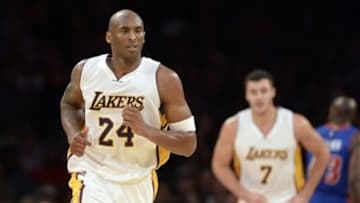 Nov 15, 2015; Los Angeles, CA, USA; Los Angeles Lakers forward Kobe Bryant (24) reacts during the fourth quarter against the Detroit Pistons at Staples Center. Mandatory Credit: Richard Mackson-USA TODAY Sports
