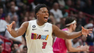 Kyle Lowry #7 of the Miami Heat gestures after making a basket during the second half against the Washington Wizards(Photo by Eric Espada/Getty Images)