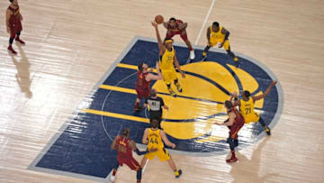 INDIANAPOLIS, IN - APRIL 22: Myles Turner #33 of the Indiana Pacers jumps for the tip off to start Game Four of Round One of the 2018 NBA Playoffs against the Cleveland Cavaliers on April 22, 2018 at Bankers Life Fieldhouse in Indianapolis, Indiana. (Photo by David Dow/NBAE via Getty Images)