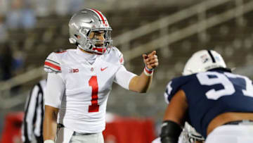 Ohio State Buckeyes quarterback Justin Fields (1) calls a play at the line of scrimmage during the third quarter of the NCAA football game at Beaver Stadium in University Park, Pa. on Sunday, Nov. 1, 2020.Ohio State Faces Penn State In Happy Valley