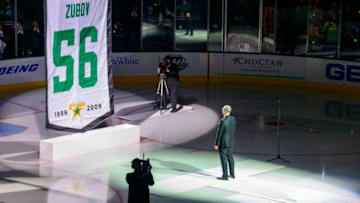 Jan 28, 2022; Dallas, Texas, USA; Former Dallas Stars player Sergei Zubov watches as his number is raised to the rafters during the jersey number retirement ceremony before the game between the Dallas Stars and the Washington Capitals at American Airlines Center. Mandatory Credit: Jerome Miron-USA TODAY Sports