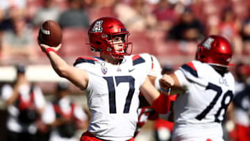 PALO ALTO, CALIFORNIA - OCTOBER 26: Grant Gunnell #17 of the Arizona Wildcats passes the ball against the Stanford Cardinal at Stanford Stadium on October 26, 2019 in Palo Alto, California. (Photo by Ezra Shaw/Getty Images)