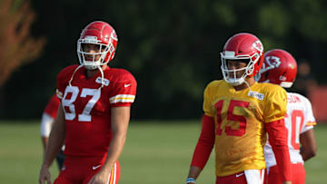 ST. JOSEPH, MO - AUGUST 05: Kansas City Chiefs quarterback Patrick Mahomes (15) and tight end Travis Kelce (87) during training camp on August 5, 2018 at Missouri Western State University in St. Joseph, MO. (Photo by Scott Winters/Icon Sportswire via Getty Images)