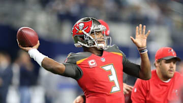 Dec 18, 2016; Arlington, TX, USA; Tampa Bay Buccaneers quarterback Jameis Winston (3) throws prior to the game against the Dallas Cowboys at AT&T Stadium. Mandatory Credit: Matthew Emmons-USA TODAY Sports
