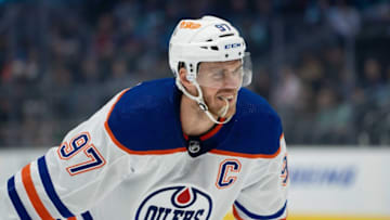 Oct 2, 2023; Seattle, Washington, USA; Edmonton Oilers forward Connor McDavid (97) during a game against the Seattle Kraken at Climate Pledge Arena. Mandatory Credit: Stephen Brashear-USA TODAY Sports