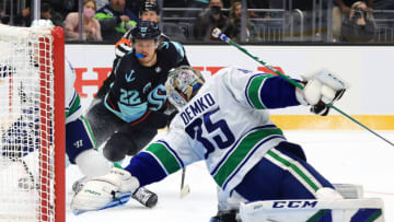 SEATTLE, WASHINGTON - OCTOBER 23: Thatcher Demko #35 of the Vancouver Canucks makes the save against against the Seattle Kraken in the second period during the Kraken's inaugural home opening game on October 23, 2021 at Climate Pledge Arena in Seattle, Washington. (Photo by Bruce Bennett/Getty Images)