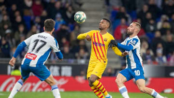BARCELONA, SPAIN - January 04: Nelson Semedo #2 of Barcelona challenged by Sergi Darder #10 of Espanyol and Didac #17 of Espanyol during the Espanyol V Barcelona, La Liga regular season match at RCDE Stadium on January 4th 2020 in Barcelona, Spain. (Photo by Tim Clayton/Corbis via Getty Images)