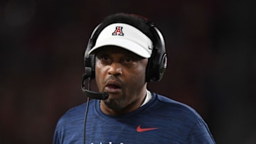 LOS ANGELES, CALIFORNIA - OCTOBER 19: Head coach Kevin Sumlin of the Arizona Wildcats on the sidelines as his team trails 10-0 to the USC Trojans during the first half at Los Angeles Memorial Coliseum on October 19, 2019 in Los Angeles, California. (Photo by Harry How/Getty Images)