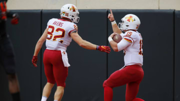 STILLWATER, OK - OCTOBER 6: Quarterback Brock Purdy #15 of the Iowa State Cyclones celebrates a touchdown against the Oklahoma State Cowboys in the first quarter on October 6, 2018 at Boone Pickens Stadium in Stillwater, Oklahoma. Iowa State won 48-42. (Photo by Brian Bahr/Getty Images)