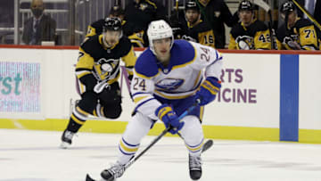 May 6, 2021; Pittsburgh, Pennsylvania, USA; Buffalo Sabres center Dylan Cozens (24) carries the puck up ice against the Pittsburgh Penguins during the second period at PPG Paints Arena. Mandatory Credit: Charles LeClaire-USA TODAY Sports