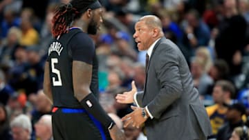 INDIANAPOLIS, INDIANA - DECEMBER 09: Doc Rivers the head coach of the Los Angeles Clippers gives instructions to Montrezl Harrell #5 during the game against the Indiana Pacers at Bankers Life Fieldhouse on December 09, 2019 in Indianapolis, Indiana. NOTE TO USER: User expressly acknowledges and agrees that, by downloading and or using this photograph, User is consenting to the terms and conditions of the Getty Images License Agreement. (Photo by Andy Lyons/Getty Images)