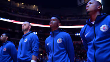 LOS ANGELES, CA - OCTOBER 17: The LA Clippers stand for the National Anthem during a game against the Denver Nuggets on October 17, 2018 at Staples Center, in Los Angeles, California. NOTE TO USER: User expressly acknowledges and agrees that, by downloading and/or using this Photograph, user is consenting to the terms and conditions of the Getty Images License Agreement. Mandatory Copyright Notice: Copyright 2018 NBAE (Photo by Adam Pantozzi/NBAE via Getty Images)