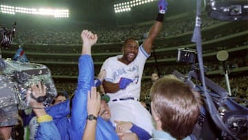 23 Oct 1993: Firrst baseman Joe Carter of the Toronto Blue Jays celebrates after the World Series against the Philadelphia Phillies at the Toronto Sky Dome in Toronto, Canada. Mandatory Credit: Rick Stewart /Allsport
