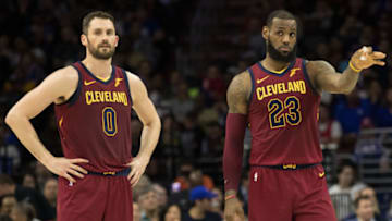 Apr 6, 2018; Philadelphia, PA, USA; Cleveland Cavaliers forward LeBron James (23) reacts next to center Kevin Love (0) against the Philadelphia 76ers at Wells Fargo Center. Mandatory Credit: Bill Streicher-USA TODAY Sports