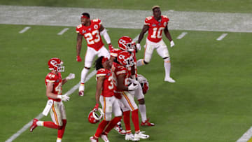 MIAMI, FLORIDA - FEBRUARY 02: Kendall Fuller #29 of the Kansas City Chiefs and teammates celebrate an interception during the fourth quarter against the San Francisco 49ers in Super Bowl LIV at Hard Rock Stadium on February 02, 2020 in Miami, Florida. (Photo by Getty Images/Getty Images)