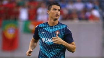 Jun 10, 2014; East Rutherford, NJ, USA; Portugal forward Cristiano Ronaldo (7) warms up prior to the first half of their game against Ireland at MetLife Stadium. Mandatory Credit: Ed Mulholland-USA TODAY Sports