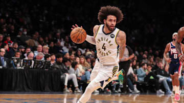 Apr 10, 2022; Brooklyn, New York, USA; Indiana Pacers guard Duane Washington Jr. (4) at Barclays Center. Mandatory Credit: Wendell Cruz-USA TODAY Sports