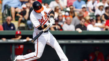 Mar 8, 2016; Sarasota, FL, USA; Baltimore Orioles center fielder Joey Rickard (23) singles during the second inning against the Boston Red Sox at Ed Smith Stadium. Mandatory Credit: Kim Klement-USA TODAY Sports